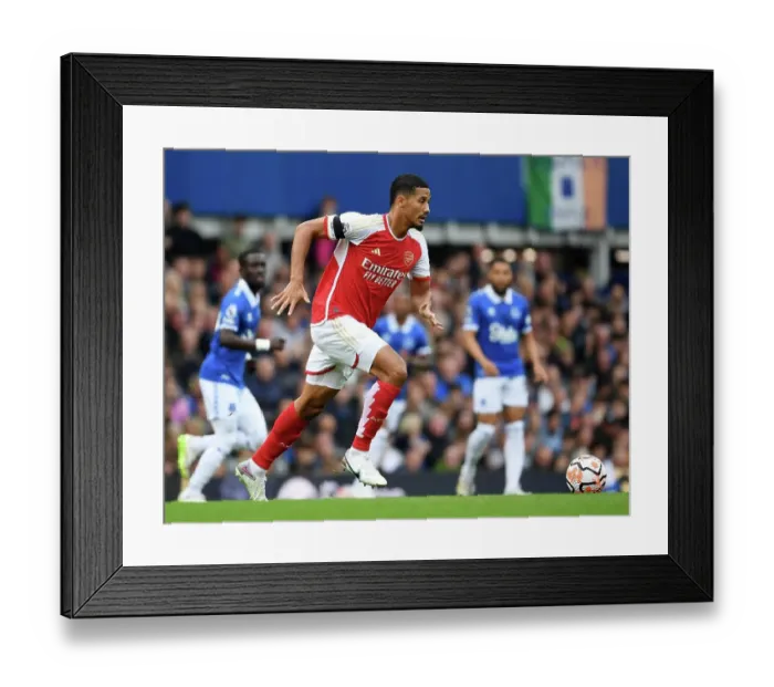 Framed Print : William Saliba Charges Forward: Everton vs. Arsenal, Premier League 2023-24 Framed Print : William Saliba Charges Forward: Everton vs. Arsenal, Premier League 2023-24