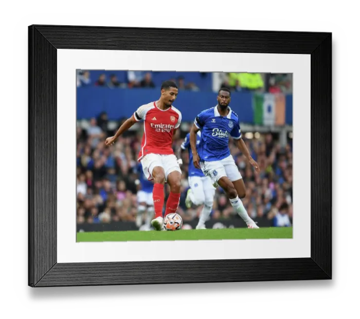 Framed Print : Saliba Under Pressure: Everton vs. Arsenal, Premier League 2023-24