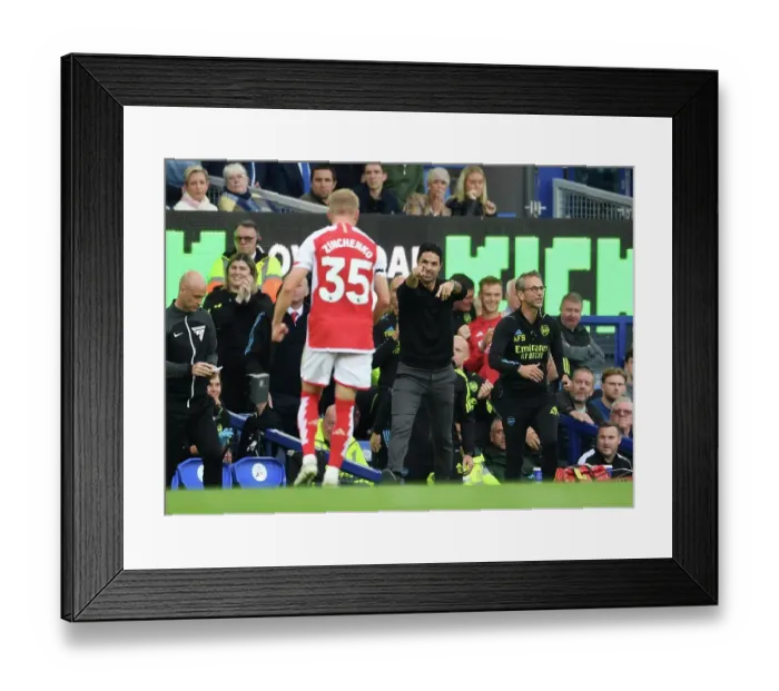 Framed Print : Arsenal Celebrate First Goal: Everton vs Arsenal, Premier League 2023-24 - Mikel Arteta and Oleksandr Zinchenko
