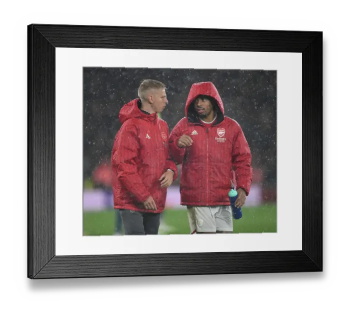 Framed Print : Arsenal's Zinchenko and Jesus Connect After Champions League Clash vs. PSV Eindhoven (2023-24)