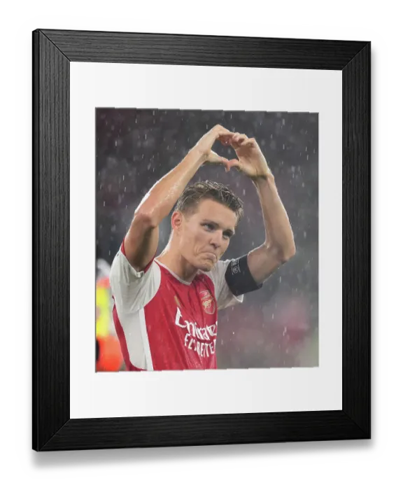 Framed Print : Arsenal's Martin Odegaard Celebrates with Fans after Winning Heart of the Crowd vs. PSV Eindhoven (UEFA Champions League 2023 / 24)