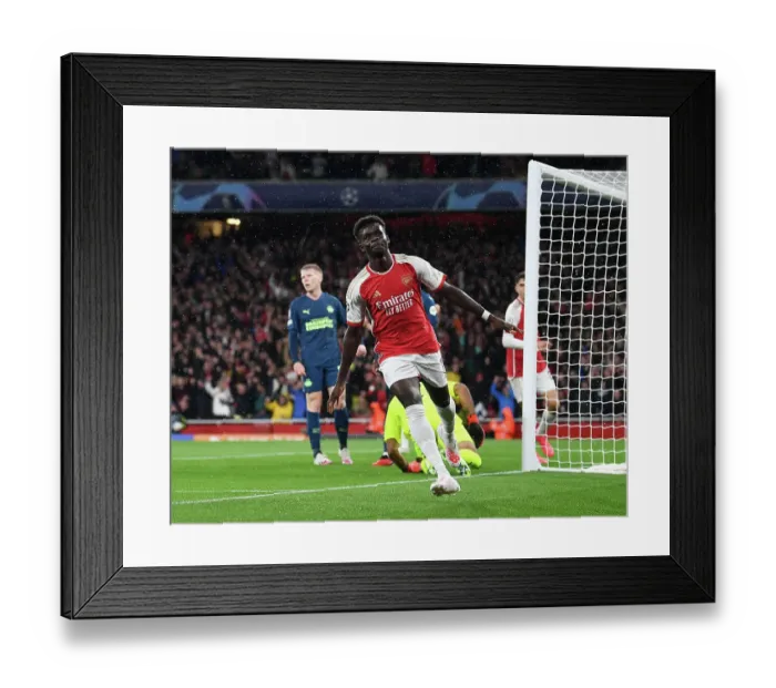 Framed Print : Bukayo Saka Scores First Arsenal Goal in Champions League 2023-24: Arsenal FC vs PSV Eindhoven