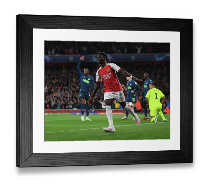Framed Print : Saka Scores First Champions League Goal: Arsenal Claims Victory Over PSV Eindhoven (2023-24)