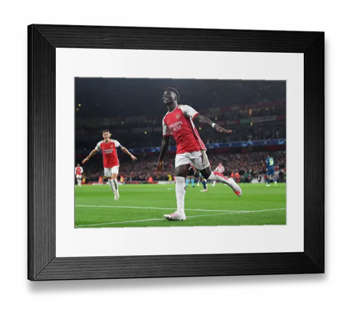 Framed Print : Arsenal's Bukayo Saka Scores First Goal in 2023-24 Champions League: Arsenal FC vs PSV Eindhoven Framed Print : Arsenal's Bukayo Saka Scores First Goal in 2023-24 Champions League: Arsenal FC vs PSV Eindhoven