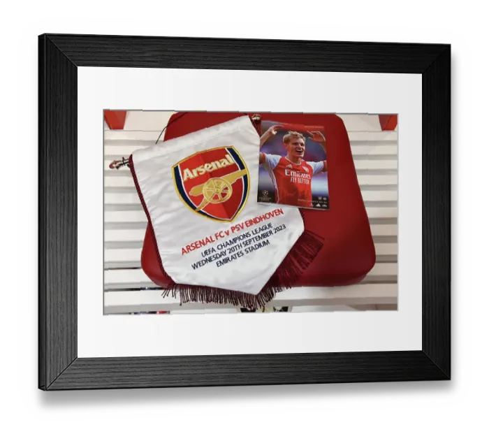 Framed Print : Arsenal Dressing Room: A Closer Look at the Match Pennant before Arsenal vs PSV Eindhoven, UEFA Champions League 2023 / 24 Framed Print : Arsenal Dressing Room: A Closer Look at the Match Pennant before Arsenal vs PSV Eindhoven, UEFA Champions League 2023 / 24