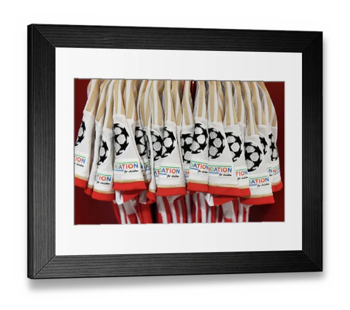 Framed Print : Detailed View of UEFA Foundation for Children Badge in Arsenal Dressing Room Before Arsenal vs PSV UEFA Champions League Match (2023-24)