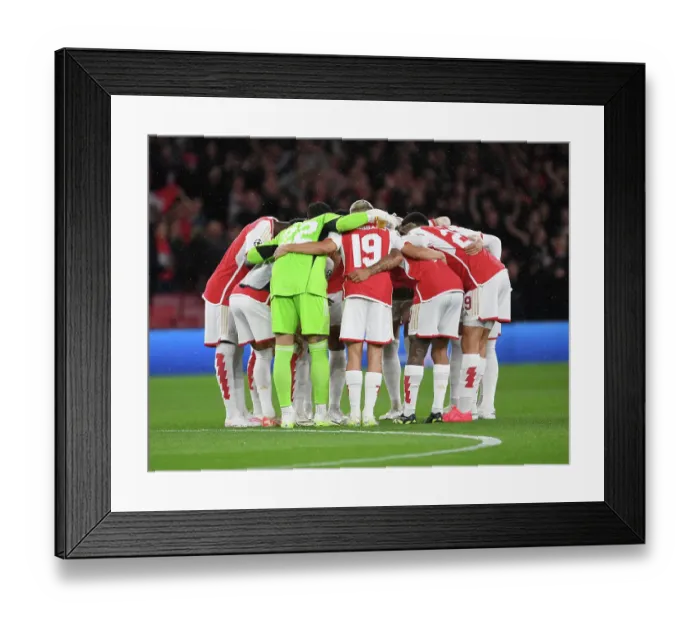 Framed Print : Arsenal FC vs PSV Eindhoven: Huddle Before UCL Clash at Emirates Stadium, 2023-24 Framed Print : Arsenal FC vs PSV Eindhoven: Huddle Before UCL Clash at Emirates Stadium, 2023-24