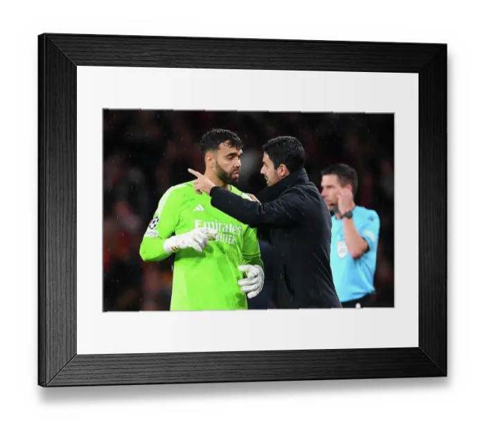 Framed Print : Mikel Arteta Guides Arsenal: Instructions to David Raya vs PSV Eindhoven (2023-24 UEFA Champions League)