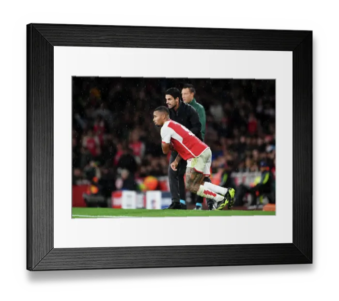 Framed Print : Arsenal FC vs PSV Eindhoven: Mikel Arteta Interacts with Gabriel Jesus - UEFA Champions League 2023 / 24