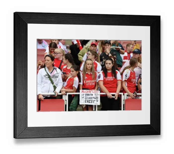 Framed Print : Young Arsenal Fan's Heartfelt Plea for Katie McCabe's Jersey at Arsenal Women vs Liverpool Women (2023-24)