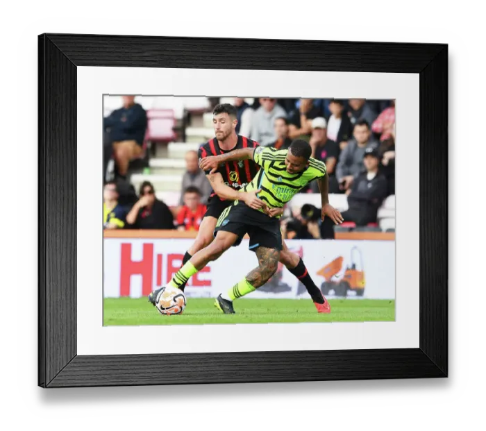 Framed Print : Gabriel Jesus vs Marcos Senesi: Intense Clash in AFC Bournemouth vs Arsenal FC Premier League Match, 2023-24