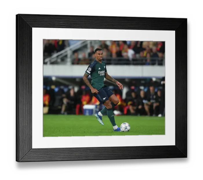 Framed Print : Gabriel Magalhaes: Arsenal's Defensive Powerhouse in UEFA Champions League Clash Against RC Lens (2023 / 24)