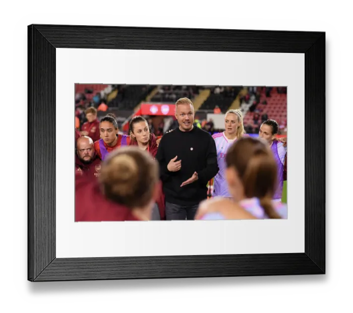 Framed Print : Arsenal Manager Jonas Eidevall Addresses Team After Manchester United vs Arsenal Women's Super League Match, 2023-24