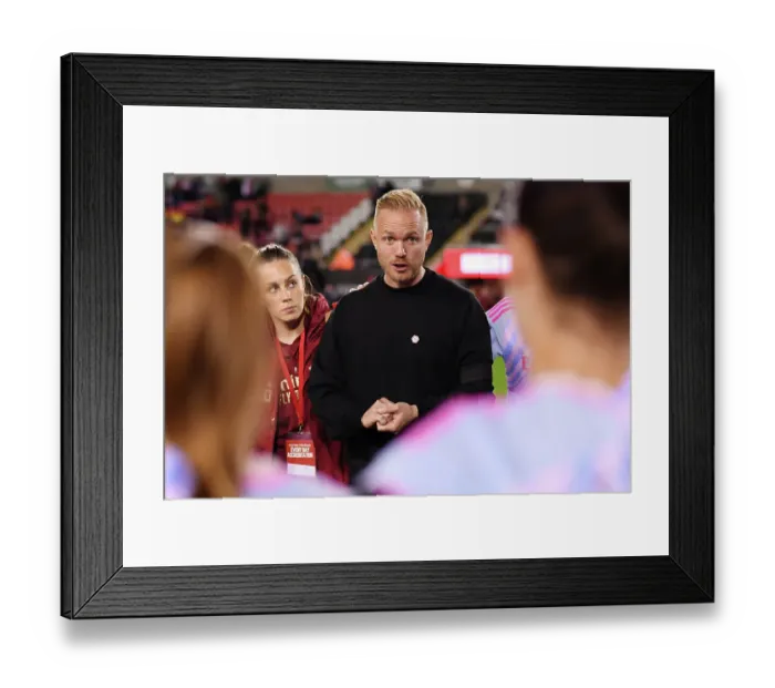 Framed Print : Arsenal Women's Team Huddle: Jonas Eidevall Motivates Players Against Manchester United in Barclays WSL Clash