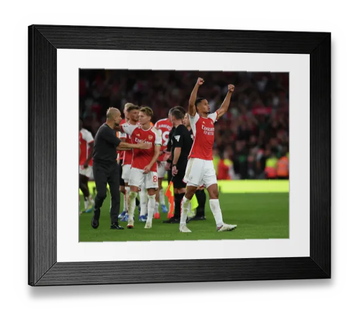 Framed Print : Arsenal's Saliba Celebrates Upset Win Against Manchester City (2023-24)