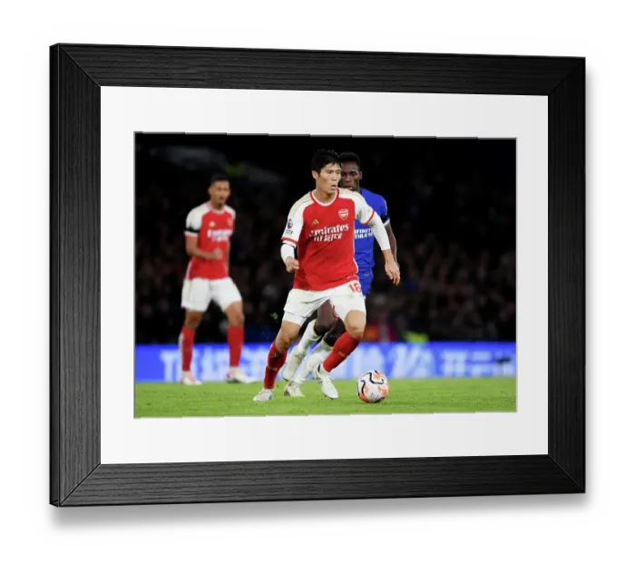 Framed Print : Tomiyasu Charges Forward: Chelsea vs. Arsenal, Premier League 2023-24