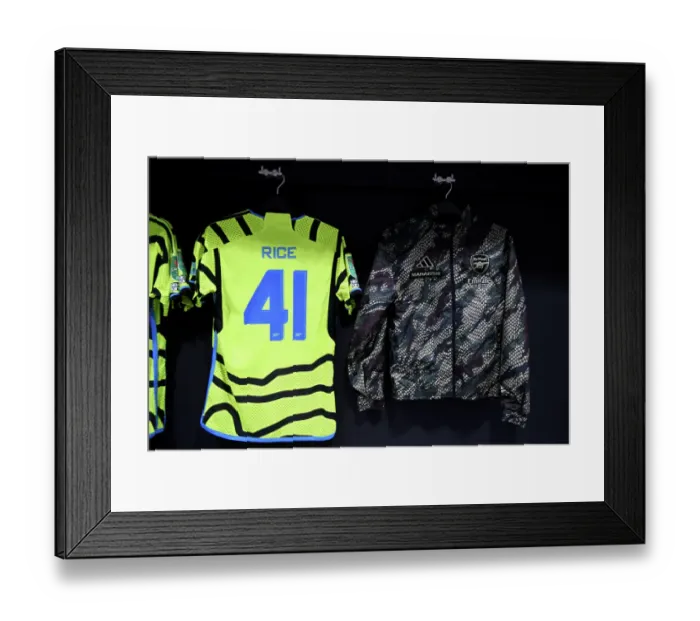 Framed Print : Arsenal's Preparations: Declan Rice's West Ham Shirt in Arsenal Dressing Room (Carabao Cup 2023-24)