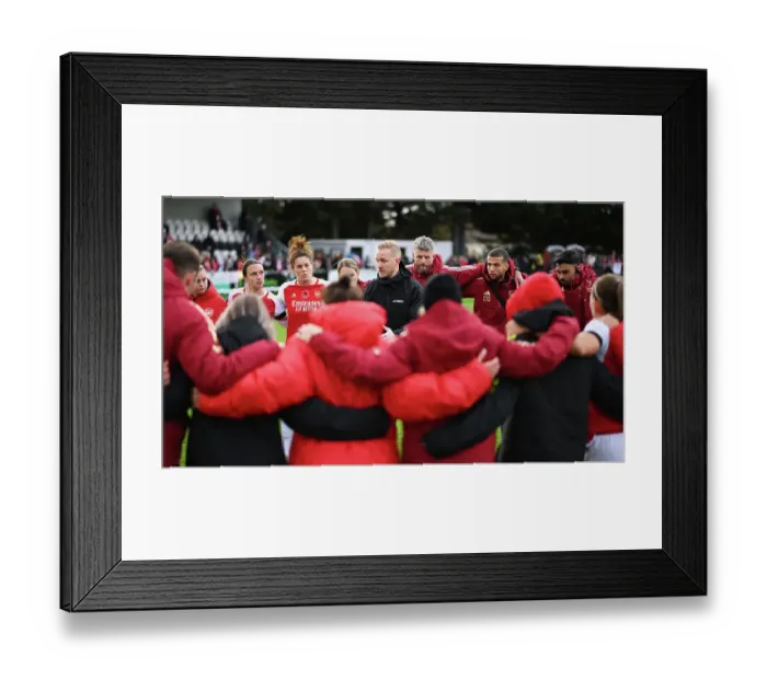 Framed Print : Arsenal Women's Team: Jonas Eidevall's Post-Match Huddle with Manchester City (2023-24)