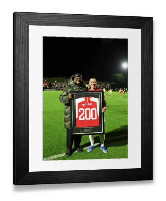Framed Print : Arsenal's Katie McCabe Celebrates 2 Ian Wright-Presented Milestone: 200th Appearance and Win vs. Bristol City