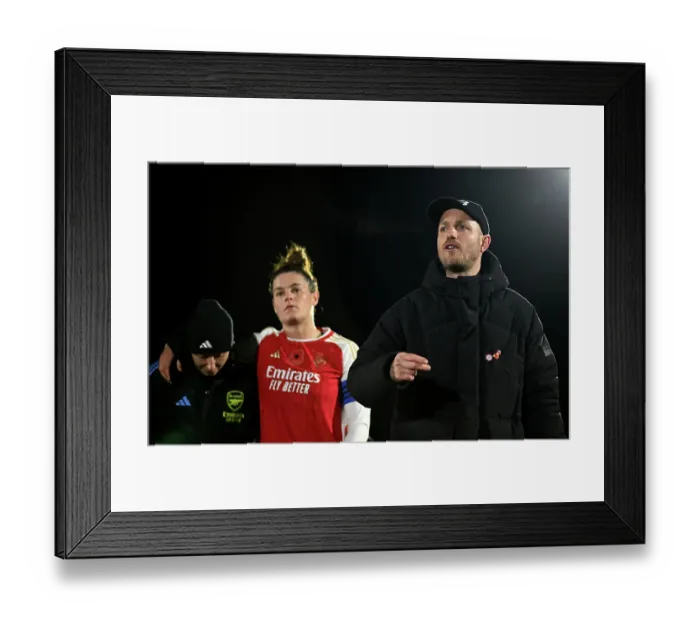 Framed Print : Arsenal Women's Manager Jonas Eidevall Interacts with Players after Conti Cup Match vs. Bristol City