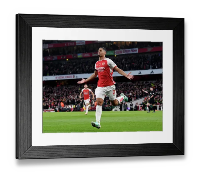 Framed Print : Saliba Strikes: Arsenal Takes 2-0 Lead Against Burnley (2023-24) Framed Print : Saliba Strikes: Arsenal Takes 2-0 Lead Against Burnley (2023-24)
