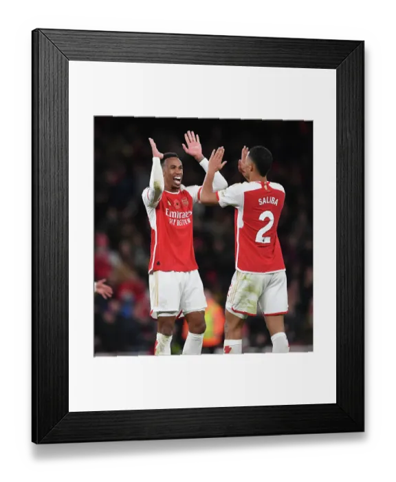 Framed Print : Arsenal Duo Gabriel Magalhaes and Williams Saliba Celebrate Victory Over Burnley in 2023-24 Premier League Framed Print : Arsenal Duo Gabriel Magalhaes and Williams Saliba Celebrate Victory Over Burnley in 2023-24 Premier League