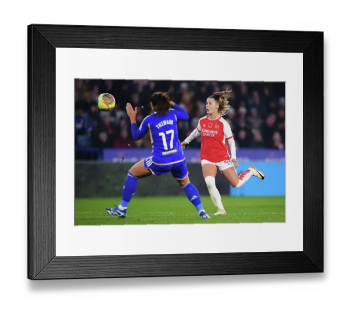 Framed Print : Arsenal's Victoria Pelova Faces Pressure from Leicester City's Julie Thibaud in Barclays Women's Super League Clash Framed Print : Arsenal's Victoria Pelova Faces Pressure from Leicester City's Julie Thibaud in Barclays Women's Super League Clash