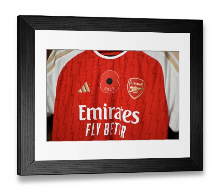 Framed Print : Arsenal's Poppy-Adorned Shirts in Leicester City vs Arsenal FC, Barclays Women's Super League (2023-24)