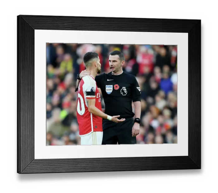 Framed Print : Arsenal vs Burnley: Jorginho's Controversial Exchange with Referee Michael Oliver (2023-24)