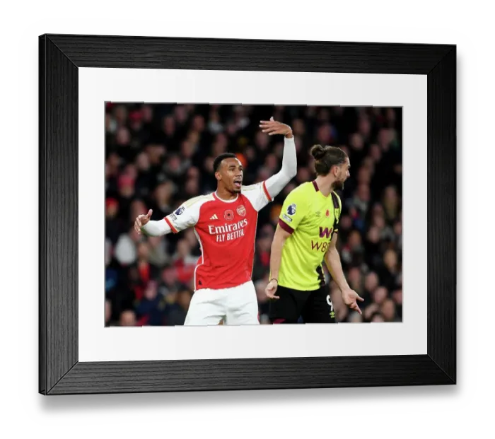 Framed Print : Arsenal's Gabriel Reacts During Arsenal vs Burnley Premier League Clash (2023-24)