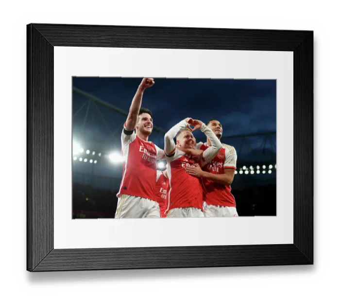 Framed Print : Arsenal's Triumph: Zinchenko, Rice, and Saliba Celebrate Third Goal vs Burnley (2023-24) Framed Print : Arsenal's Triumph: Zinchenko, Rice, and Saliba Celebrate Third Goal vs Burnley (2023-24)