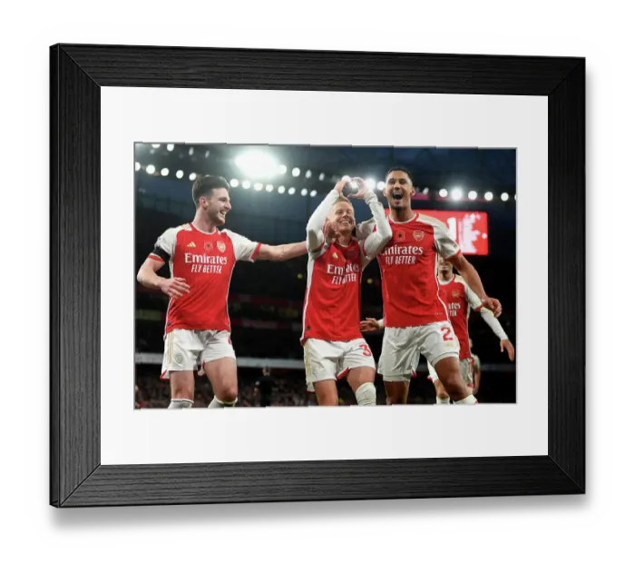 Framed Print : Arsenal's Triumph: Zinchenko, Rice, and Saliba's Euphoric Celebration after Scoring the Third Goal vs Burnley (2023-24) Framed Print : Arsenal's Triumph: Zinchenko, Rice, and Saliba's Euphoric Celebration after Scoring the Third Goal vs Burnley (2023-24)