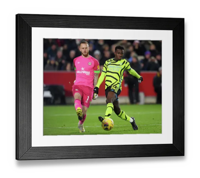 Framed Print : Clash at Gtech Community Stadium: Brentford vs. Arsenal, Premier League 2023-24 - Eddie Nketiah vs. Mark Flekken