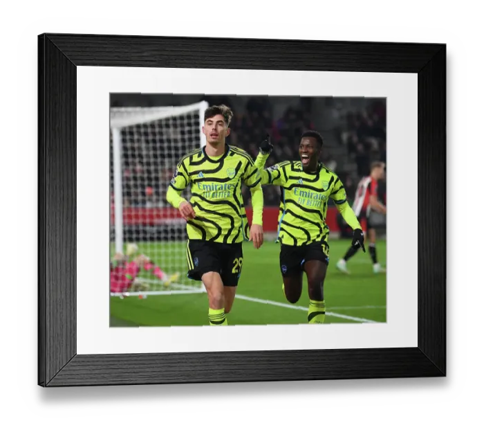 Framed Print : Havertz and Nketiah Celebrate Arsenal's Goal: Brentford vs Arsenal, 2023-24 Premier League