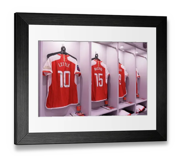 Framed Print : Arsenal FC: Pre-Match Focus - Kim Little and Katie McCabe's Gear in the Dressing Room (Arsenal Women vs West Ham United Women, Barclays Women's Super League 2023-24)
