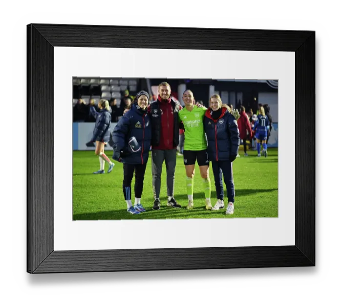 Framed Print : Arsenal Women's Team: Celebrating Victory Over West Ham United - Sabrina D'Angelo, Manuela Zinsberger, Reece Ottley, and Naomi Williams