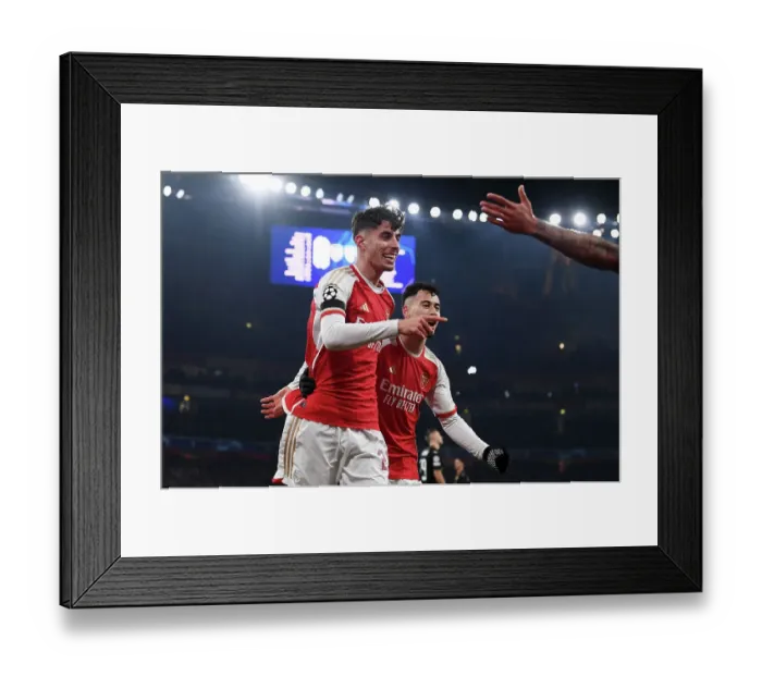 Framed Print : Arsenal: Havertz and Jesus Celebrate First Goal in Champions League Victory over RC Lens (2023-24)