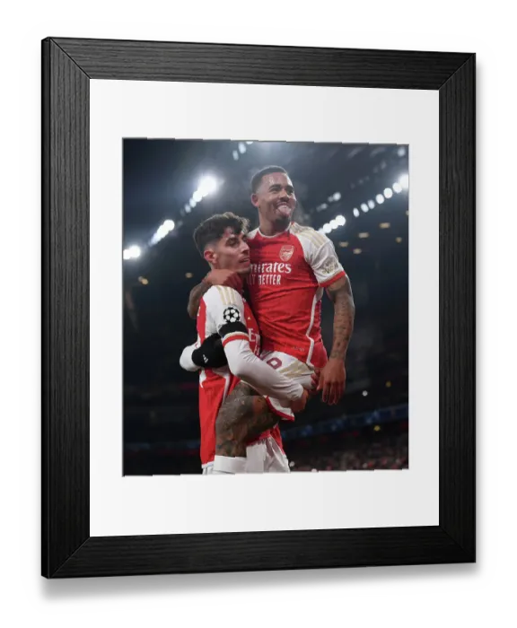 Framed Print : Arsenal's Havertz and Jesus: Celebrating First Champions League Goals in Arsenal's Victory over RC Lens (2023-24)