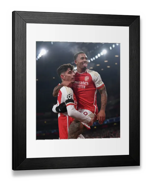 Framed Print : Havertz and Jesus: Arsenal's Dynamic Duo Celebrates First Goals in Champions League Victory over RC Lens (2023-24)
