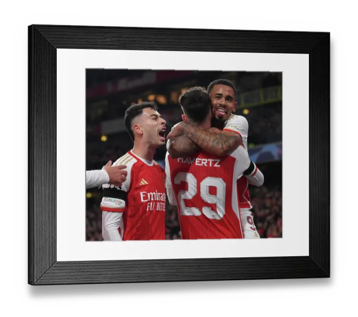 Framed Print : Triumphant Arsenal Trio: Havertz, Jesus, Martinelli Celebrate First Goals in Champions League Victory (2023-24)