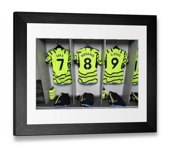 Framed Print : Arsenal FC: Pre-Match Shirts of Saka, Odegaard, and Jesus in Luton Town Dressing Room (Luton Town vs Arsenal 2023-24)