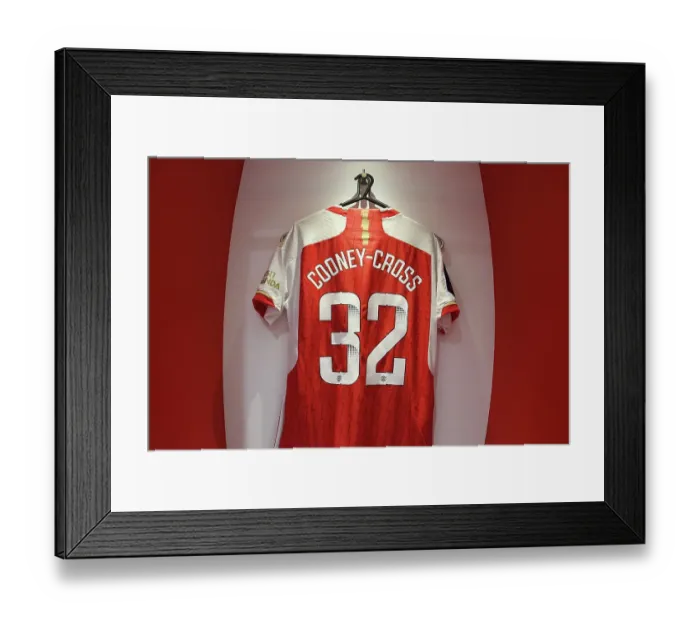 Framed Print : Arsenal Women's Pre-Match Focus: Kyra Cooney-Cross's Shirt in the Dressing Room (Arsenal FC vs Chelsea FC, Barclays Super League 2023-24)