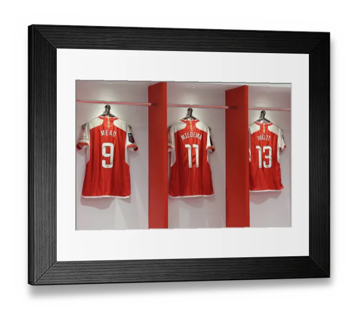 Framed Print : Arsenal FC vs Chelsea FC: Pre-Match Focus - Mead, Miedema, Waelti's Jerseys in Arsenal Dressing Room (Arsenal Women vs Chelsea Women, 2023-24)