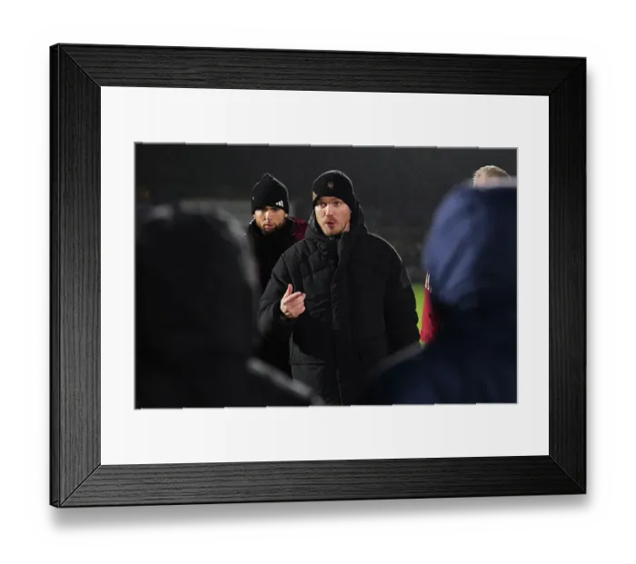 Framed Print : Arsenal Women's Coach Jonas Eidevall Motivates Team After Conti Cup Match vs. Tottenham Hotspur