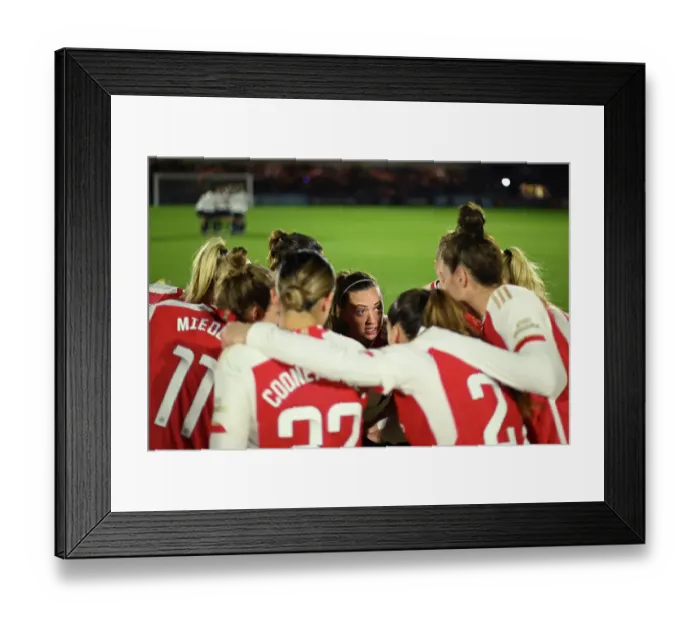 Framed Print : Arsenal Women vs. Tottenham Hotspur Women: Pre-Match Huddle in FA WSL Cup Clash