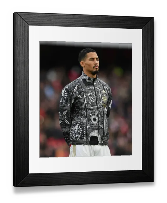 Framed Print : Arsenal's William Saliba Gears Up Before Arsenal v Brighton & Hove Albion, Premier League 2023-24