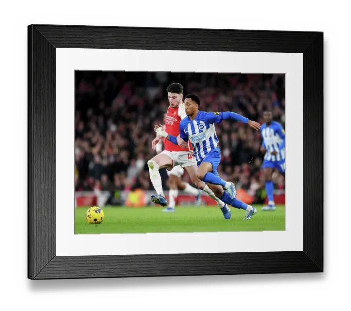 Framed Print : Arsenal's Declan Rice Tackles Joao Pedro: Arsenal FC vs Brighton & Hove Albion, Premier League 2023-24
