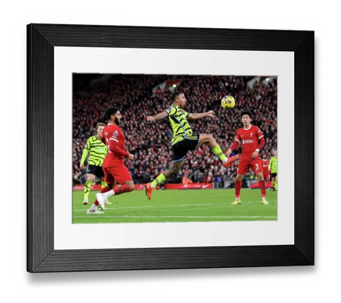Framed Print : Gabriel Jesus vs Joe Gomez: Intense Battle at Anfield - Liverpool vs Arsenal, Premier League 2023-24