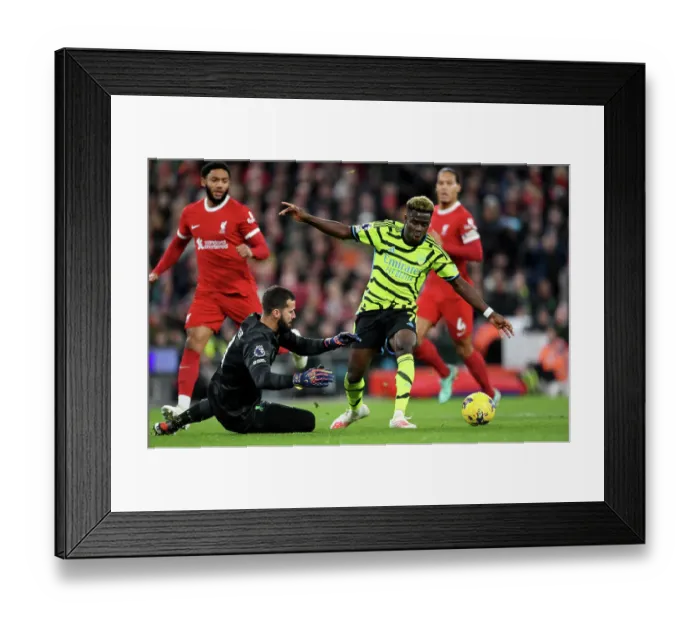 Framed Print : Saka vs. Alisson: Premier League Showdown - Liverpool vs. Arsenal (2023-24)