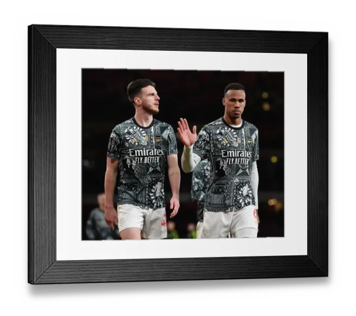 Framed Print : Arsenal vs West Ham: Pre-Match Warm-Up, Arsenal's Gabriel Magalhaes and West Ham's Declan Rice